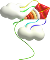 3d icon. Flying kite and clouds in colorful sky. Summer icon. png