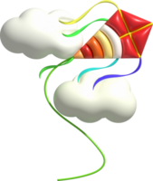 3d icono. volador cometa y nubes en vistoso cielo. verano icono. png