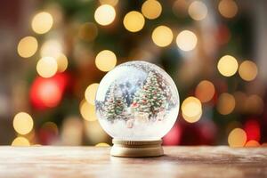 Snow globe sparkling in blurred christmas background. AI generated photo