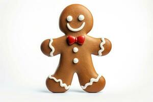 Smiling cookie gingerbread man on white background. AI generated photo