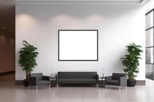 Advertising billboard frame on wall in office lobby copy space for mock up template. photo