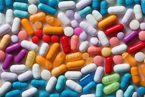 A lot of pills, close up background. Plastic capsules and tablets in pastel colors. photo