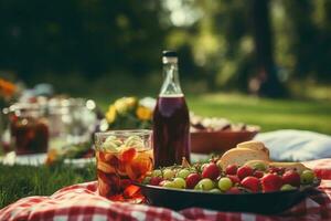 Close up of food, drinks and picnic basket on blanket on grass at summer park. Generative AI photo