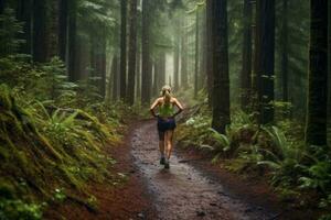 mujer corredor en Deportes chaqueta correr bosque sendero en el lluvia, espalda vista. generativo ai foto
