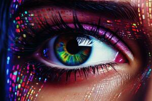 Close up of binary code reflected in the eye. Generative AI photo