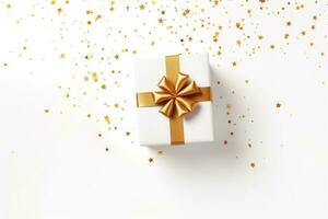 Gifts or presents boxes with gold bows and confetti on white background, top view. AI generated photo