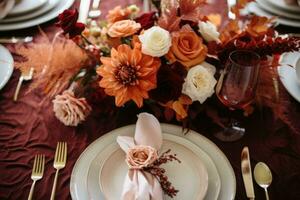 Fall table setting for celebration Thanksgiving or Friendsgiving day, family party. AI generated photo