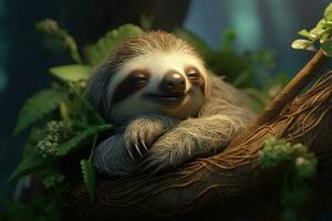 A sloth sleeping in the jungle. Lazy animal character. Generative AI photo