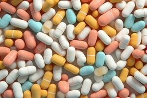 A lot of pills, close up background. Plastic capsules and tablets in pastel colors. Generative AI photo