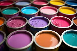cerca arriba de abierto pintar latas con pastel pintar. generativo ai foto