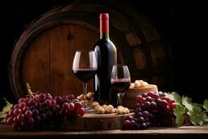 Red wine bottle, grape and wine glass near the wooden barrel. AI generated photo