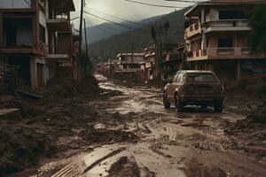 A car driving through a street covered in dirt. Muddy streams of water in the street. Generative AI photo