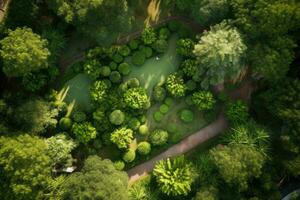 Aerial view of greenery golf court. Generative AI photo