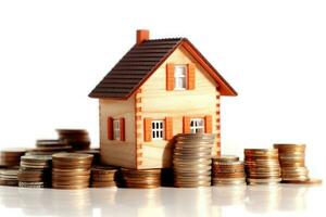 Small house and stack of coins on white background. Concept of investment property. Generative AI photo