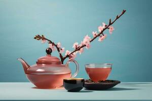 Cup of tea and teapot with sakura branch on pastel background. Tea composition. Generative AI photo