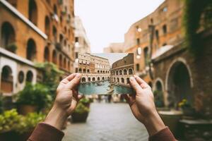 Unrecognizable tourist holds postcard in front blurred city background. AI generated photo