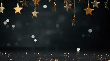 Christmas decorations in black. Stars and lights on a black background. AI generated photo