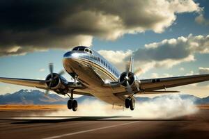 un avión aterrizaje en pista. comercial avión es aterrizaje. impresionante cielo. generativo ai foto