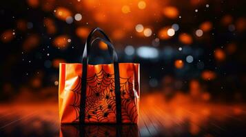 Bag and decor for Halloween on an orange background. Holiday shopping and sale concept. AI generated photo