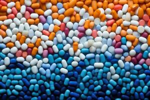 un lote de pastillas, cerca arriba antecedentes. el plastico cápsulas y tabletas en pastel colores. generativo ai foto