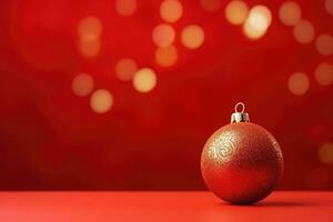 Red Christmas baubles decoration on red blurred background with lights. New Year greeting card. Minimal style. AI generated photo