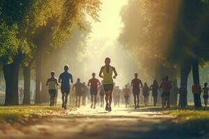 Back view of a group of people running in the park. AI generated photo