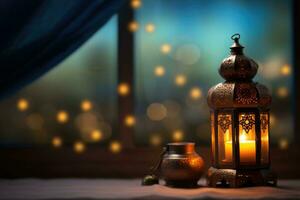 atmósfera de Ramadán kareem lámpara en un borroso antecedentes adornado con cortina luces. ai generado foto