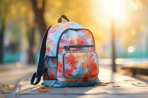 School backpack on blurred background. Back to school, education, study concept. Generative AI photo