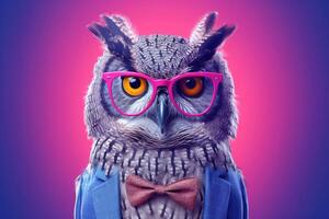 Portrait of intelligent owl wearing a pair of glasses and a tie. Bright colors. Generative AI photo