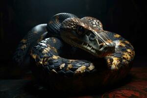 Ancient reptile with red eyes. Dangerous poisonous exotic snake. Generative AI photo