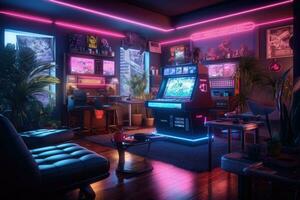 Gaming room. Neon illuminated room with computers. Generative AI photo