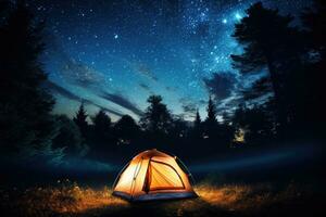 Glowing tent in the mountains under dramatic evening sky. Summer landscape. Generative AI photo