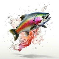 Rainbow trout jumping up and splashing on white background. Generative AI photo