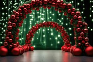 Arch made of christmas tree balls with decor. Red christmas decorations. AI generated photo