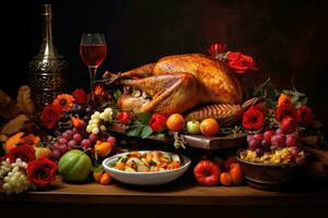 Thanksgiving dinner. Roasted turkey garnished with cranberries on a rustic style table decorated with pumpkins and vegetables. AI generated photo