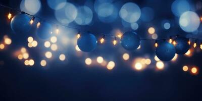 Christmas garland bokeh lights over blue background. Minimalist holiday illumination. AI generated photo