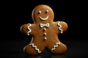 Smiling cookie gingerbread man on black background. AI generated photo