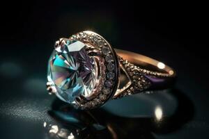 Close up diamond ring jewelry. A diamond engagement ring. Generative AI photo