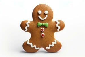 Smiling cookie gingerbread man on white background. AI generated photo