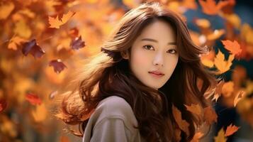 Girl with autumn leaves photo