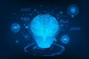 Vector holograme brain with medical healthcare. Technology graphic of MRI scan interface.