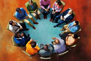 AI Generative Close up top view unrecognizable multiracial workers strategizing indoors at informal atmosphere people seated in circle talking share problems tell stories during psychological rehab se photo