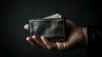 AI Generative Close up young African American unemployed woman holding opened empty black leather wallet feeling stressed without cash having financial problems suffering from lack of money bank photo