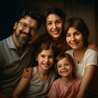 AI Generative Happy beautiful family of three dad mom and little cute daughter portrait child girl smiling embracing mother and father posing with parents looking at camera kid hugging mommy dad photo