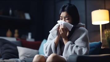 AI Generative Ill upset young woman sitting on sofa covered with blanket freezing blowing running nose got fever caught cold sneezing in tissue sick girl having influenza symptoms coughing at home flu photo