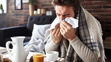 AI Generative Ill young man sneezing in handkerchief blowing wiping running nose sick allergic guy caught cold got flu influenza hay fever coughing having seasonal allergy symptoms respiratory c photo