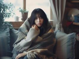 AI Generative Ill upset young woman sitting on sofa covered with blanket freezing blowing running nose got fever caught cold sneezing in tissue sick girl having influenza symptoms coughing at home flu photo