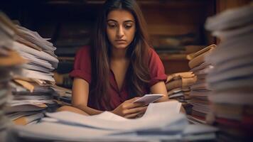 AI Generative Indian woman sit at desk hold document read paper letter feels disappointed shocked by bad news Financial trouble bank debt notice medical test results health problems huge domesti photo