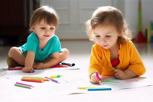 AI Generative Little kids lying on floor in living room paint picture with colorful pencils parents relax on couch enjoy weekend together small children brother and sister drawing at home family photo