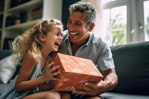 AI Generative Loving wife and kid daughter making surprise to smiling dad receiving gift on fathers day family closing eyes of excited daddy preparing present congratulating celebrating happy bi photo